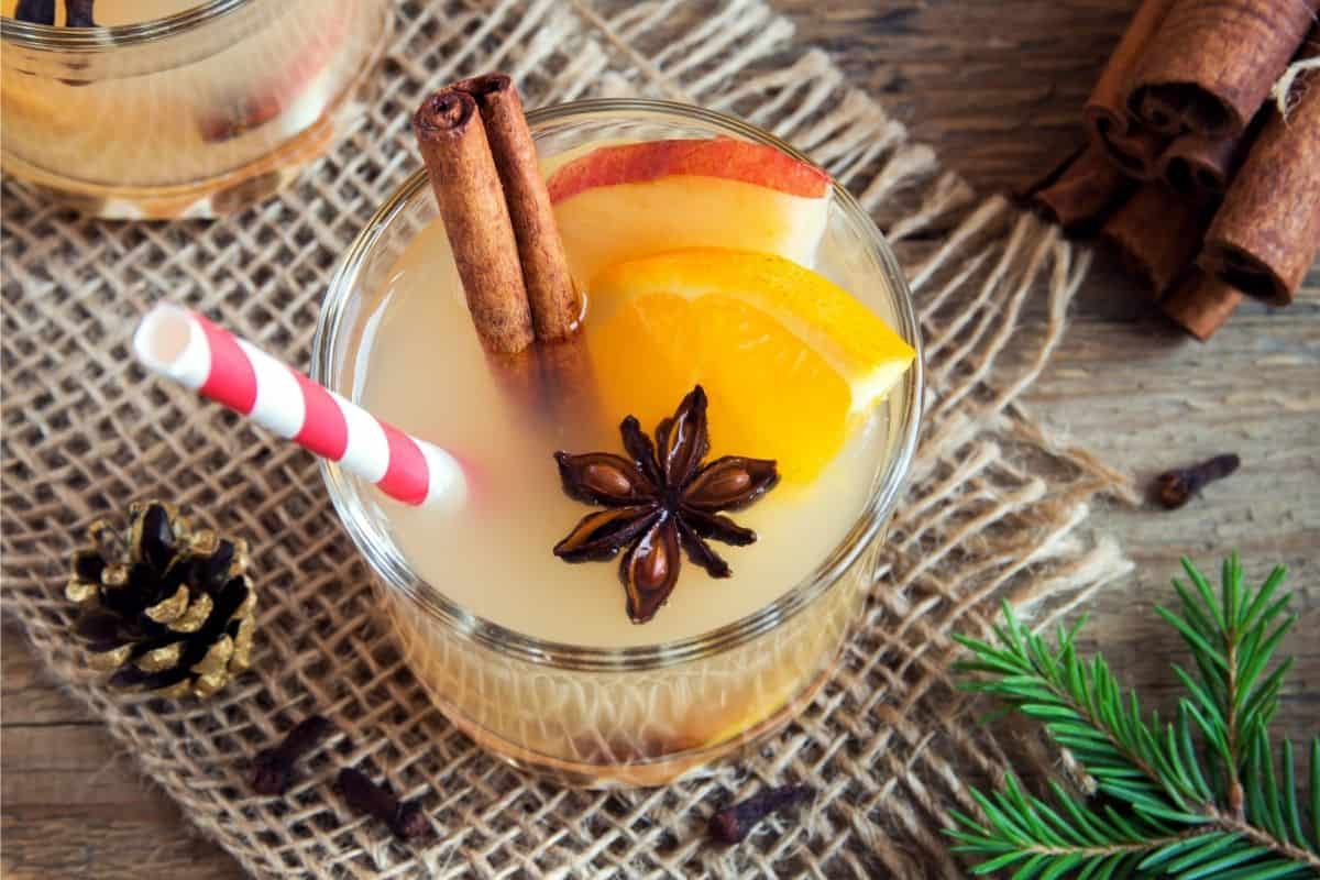Glass of Christmas wassail with a star anise, cinnamon stick, and apple and orange slices. Glass is sitting on a woven coaster surrounded by cinnamon sticks and pine sprigs, 