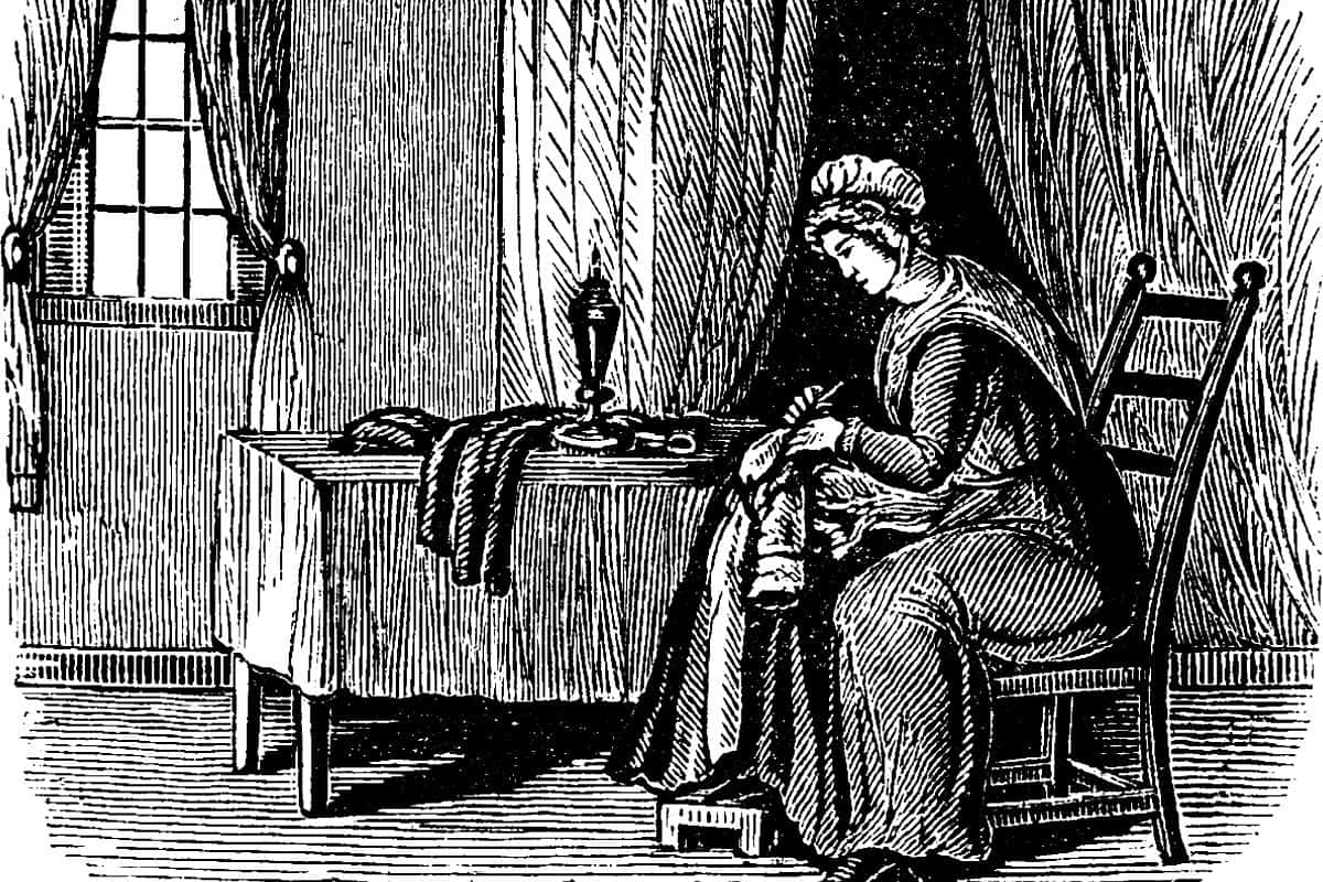 Ink Drawing of women in colonial times sitting in a chair by a table sewing a garment.