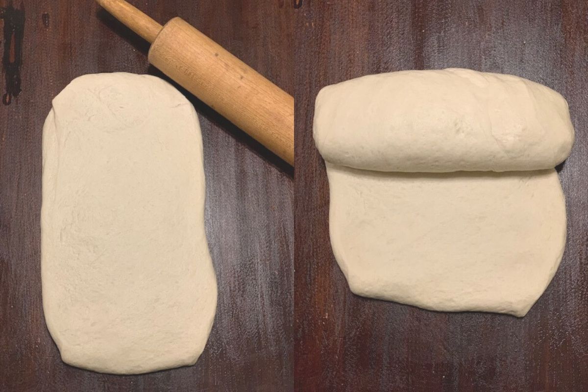 Two photos, one on left of a rolling pin and a rectangle of bread dough. On the right, the rectangle partially rolled into loaf shape.