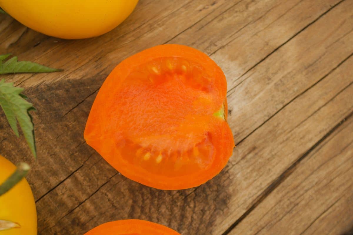 Yellow and orange tomatoes on a wooden surface