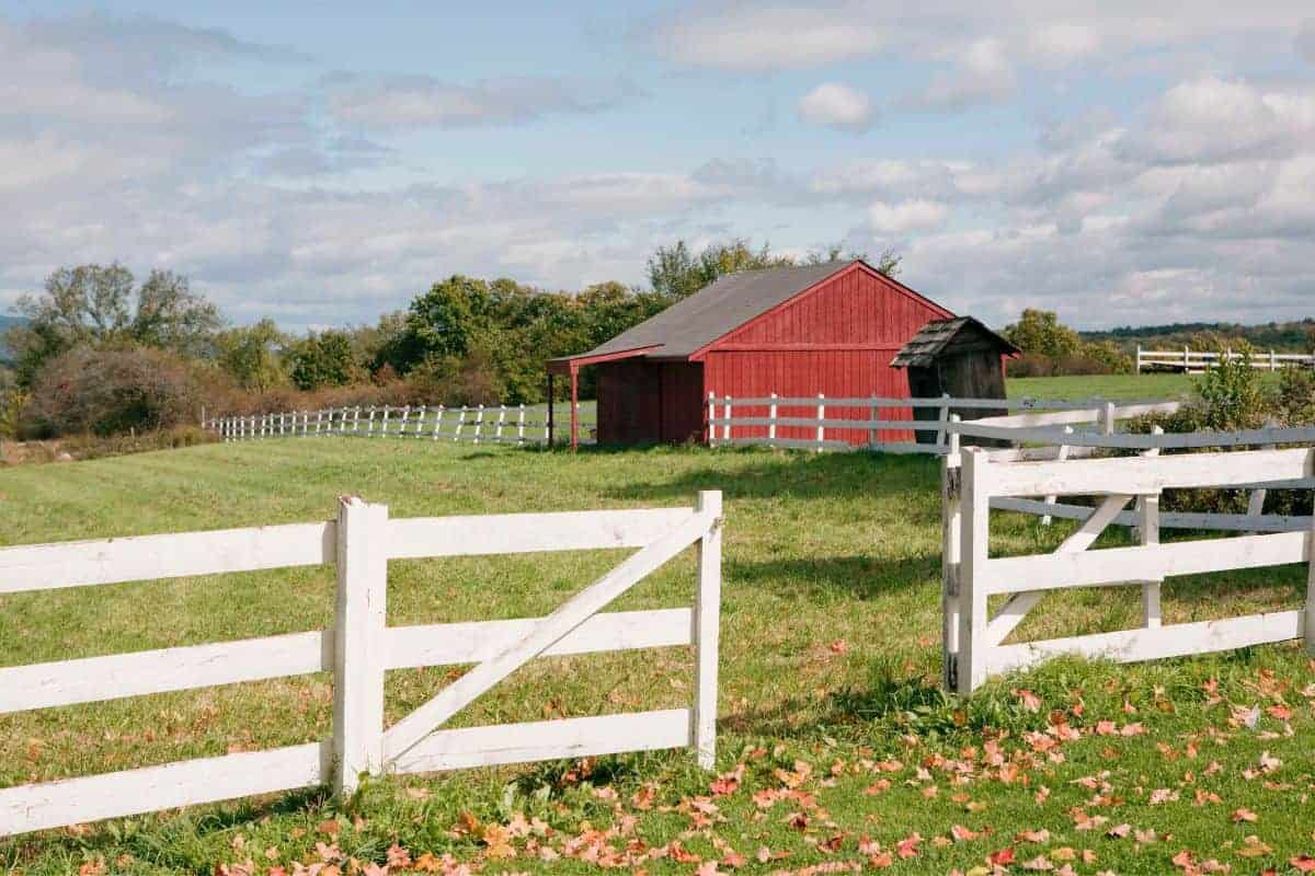 Red barn with white fence surrounding two large pasture spaces.