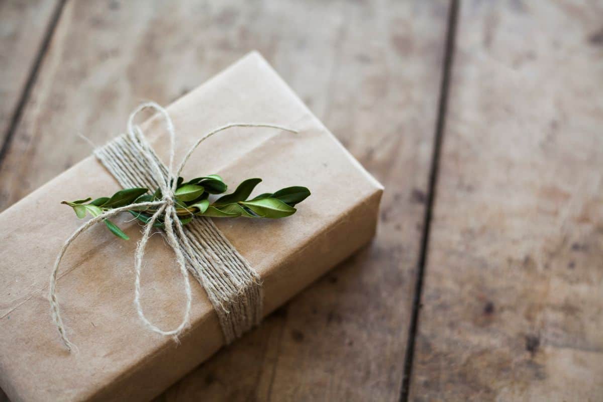 Brown Gift Package wrapped in brown paper tied with twin and decorated with a sprig of herbs.